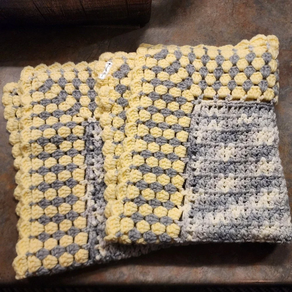 Lap/Baby Afghan/Blanket/Throw Bluish Gray, White & Yellow Handmade  30